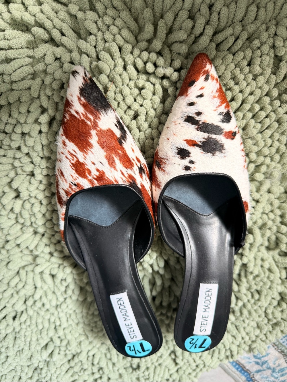 Steve Madden Pointed Slip-On Heels in Brown and White Cowhide Print